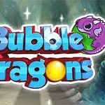 Logo i një dragoi të vogël vjollcë mbi tekstin Bubble Dragons me sfond fantastik ujëmbledhës