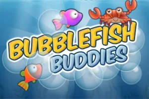 Peshk rozë dhe portokalli me një gaforre mbi flluska dhe tekst Bubblefish Buddies
