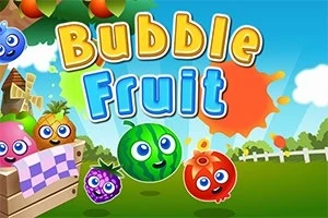 Fruta me sy të mëdhenj dhe të qeshur në një peizazh të gjelbër me tekstin Bubble Fruit në sfond të kaltër