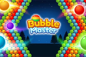 Topa shumëngjyrësh të radhitur diagonal në sfondin e një qielli të natës me pemë, me tekstin Bubble Master në qendër