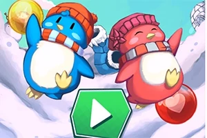 Dy pinguinë të vegjël të veshur me kapuça dimri, njëri blu dhe tjetri rozë, kërcenin mbi dëborë, me një buton play në qendër