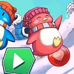 Dy pinguinë të vegjël të veshur me kapuça dimri, njëri blu dhe tjetri rozë, kërcenin mbi dëborë, me një buton play në qendër