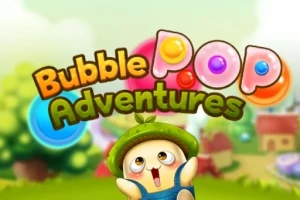 Një karakter i vogël me kapelë jeshile shikon lart i lumtur, ndërsa flluska shumëngjyrëshe rrethojnë titullin Bubble Pop Adventures në sfondin e një peizazhi të gjelbër