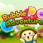 Një karakter i vogël me kapelë jeshile shikon lart i lumtur, ndërsa flluska shumëngjyrëshe rrethojnë titullin Bubble Pop Adventures në sfondin e një peizazhi të gjelbër