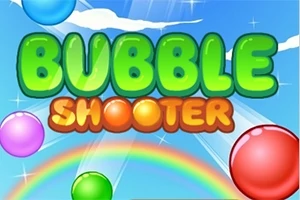 Teksti Bubble Shooter me shkronja të gjelbra dhe portokalli në një sfond me qiell blu, re, dhe flluska me ngjyra të ndryshme