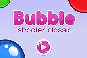 Fjalët Bubble shooter classic me shkronja rozë dhe të kuqe mbi një sfond të kaltër me flluska shumëngjyrëshe dhe një buton loje në mes