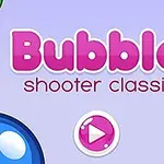 Fjalët Bubble shooter classic me shkronja rozë dhe të kuqe mbi një sfond të kaltër me flluska shumëngjyrëshe dhe një buton loje në mes