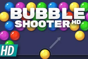 Rruaza shumëngjyrëshe të renditura në pjesën e sipërme të imazhit me tekstin BUBBLE SHOOTER HD mbi to dhe një shigjetë që tregon nga një rruazë e verdhë në pjesën e poshtme