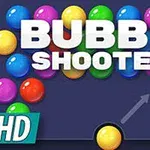 Rruaza shumëngjyrëshe të renditura në pjesën e sipërme të imazhit me tekstin BUBBLE SHOOTER HD mbi to dhe një shigjetë që tregon nga një rruazë e verdhë në pjesën e poshtme