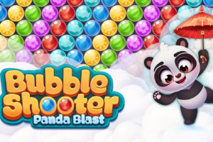 Një panda e vogël me një ombrellë të kuqe fluturon pranë një sfondi me topa shumëngjyrësh