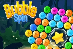 Flluska shumëngjyrëshe të mbledhura në formë rrethore me një yll të verdhë në qendër mbi një sfond me natyrë të errët dhe teksti Bubble Spin