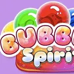Logo me flluska shumëngjyrëshe dhe tekstin Bubble Spirit mbi një sfond vjollcë