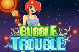 Një personazh me flokë të kuqe mban një armë lazer nën një qiell me yje, me tekstin Bubble Trouble përpara