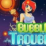 Një personazh me flokë të kuqe mban një armë lazer nën një qiell me yje, me tekstin Bubble Trouble përpara