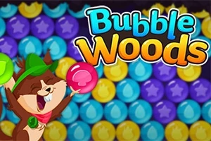 Një kafshë e gëzuar me një kapelë jeshile mban një flluskë ngjyrë rozë përpara një sfondi me flluska shumngjyrëshe dhe titulli me tekst Bubble Woods