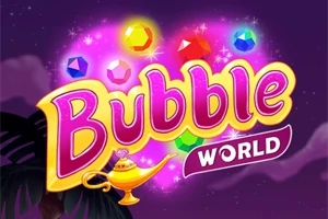 Teksti Bubble World me shkronja të mëdha shumëngjyrëshe shkëlqen mbi një sfond të purpurt, rrethuar nga xhevahire me ngjyra dhe një llambë magjike në fund