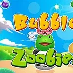 Një sfond i gjelbër me kafshë të vogla të animuara dhe flluska ngjyrash të ndryshme në qiellin blu, me diellin që ndriçon në këndin e sipërm