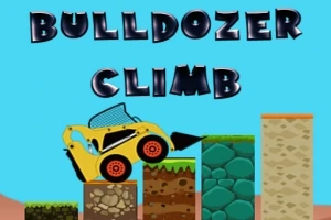Buldozer i verdhë duke u ngjitur mbi blloqe të ndryshme në një sfond të kaltër me tekstin Bulldozer Climb