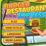 Një vajzë me flokë të verdhë po mban një tabaka me hamburgera dhe patate të skuqura pranë një menuje që përmban opsionet Play, How to Play, Language dhe More Games