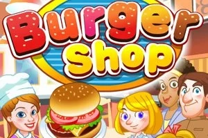 Një ilustrim me personazhe të vizatuara, një hamburger dhe tekst që thotë Burger Shop