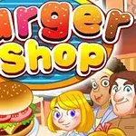 Një ilustrim me personazhe të vizatuara, një hamburger dhe tekst që thotë Burger Shop