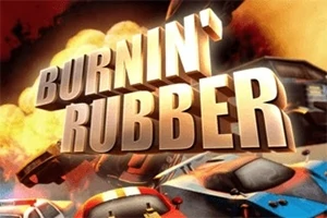 Teksti Burnin Rubber me automjete sportive në sfond dhe shpërthime