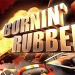 Teksti Burnin Rubber me automjete sportive në sfond dhe shpërthime