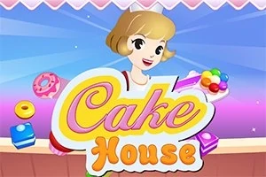 Një vajzë me kapelë kuzhine mban një pjatë me ëmbëlsira ngjyrash të ndryshme, me një sfond pastel dhe tekst Cake House
