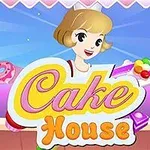 Një vajzë me kapelë kuzhine mban një pjatë me ëmbëlsira ngjyrash të ndryshme, me një sfond pastel dhe tekst Cake House