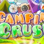 Fjalët “Camping Crush” me ngjyra të ndritshme në sfond kampingu me tenda dhe pemë