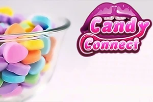 Një tas qelqi i mbushur me karamele shumëngjyrëshe dhe logon Candy Connect me buzë rozë në sfond të bardhë