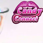 Një tas qelqi i mbushur me karamele shumëngjyrëshe dhe logon Candy Connect me buzë rozë në sfond të bardhë