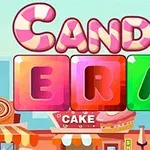 Teksti CANDY ERA në një stil dizajni me ngjyra të gjalla mbi një sfond me dyqane ëmbëlsirash dhe akulloresh