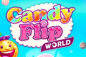 Teksti Candy Flip World me shkronja shumëngjyrëshe në sfond të gjallë blu me imazhe karameleje dhe një karakter me buzëqeshje