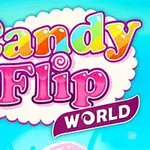 Teksti Candy Flip World me shkronja shumëngjyrëshe në sfond të gjallë blu me imazhe karameleje dhe një karakter me buzëqeshje