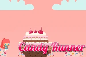Një karakter vizatimor me flokë të kuqe qëndron pranë një ëmbëlsire të madhe me qershi sipër, në një sfond me re dhe tekstin Candy Runner