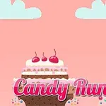 Një karakter vizatimor me flokë të kuqe qëndron pranë një ëmbëlsire të madhe me qershi sipër, në një sfond me re dhe tekstin Candy Runner