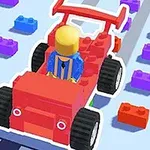 Një figurë me gjymtyrë katrore që ngas një makinë të kuqe ndërtuar nga blloqet plastike me ngjyra në një rrugë të mbushur me blloqe në sfond
