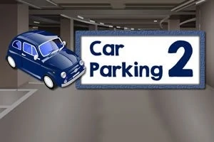 Makina blu vizatimore dhe tabela me tekstin Car Parking 2 në sfond parkingu