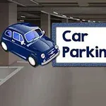 Makina blu vizatimore dhe tabela me tekstin Car Parking 2 në sfond parkingu
