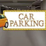 Makina e verdhë e parkuar në një garazh me një tabelë ku shkruhet Car Parking