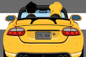 Dy persona në një makinë kabriolet të verdhë me targa CTL 104