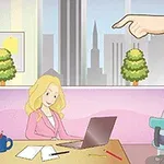 Dy gra në një zyrë me dritare nga ku shihet një qytet, njëra punon në një laptop dhe tjetra në një kompjuter tavoline, me një dorë të madhe të shtrirë mbi to