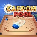 Një dërrasë carrom me disqe të ndryshme ngjyrash dhe një tekst të titulluar Carrom Pool në sfond blu