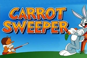 Personazhe të animuar me një karrotë të madhe dhe një armë gjahu nën një qiell të kaltër me shkronjat CARROT SWEEPER