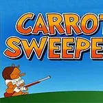 Personazhe të animuar me një karrotë të madhe dhe një armë gjahu nën një qiell të kaltër me shkronjat CARROT SWEEPER