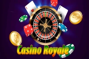 Ruletë me çipa pokeri, letra dhe monedha ari mbi një sfond violet me tekstin Casino Royale