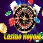 Ruletë me çipa pokeri, letra dhe monedha ari mbi një sfond violet me tekstin Casino Royale