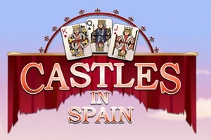 Kartat e mbretit, mbretëreshës dhe kalorësit mbi një tende me tekstin Castles in Spain në sfond qielli
