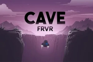 Një peizazh i një shpelle në sfond vjollcë me një anije kozmike që fluturon midis dy shkëmbinjve dhe teksti CAVE FRVR në krye